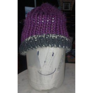 Beanie Hand Crocheted/Knit Purple Gray White
